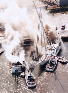 1996, the M/V Britannia (left) burned to the waterline damaging the S/Y Centurian (right) owned by Kelly McGillis. Fertig & Gramling acted as lead counsel for the various subrogation interests of the S/Y Centurian against the owner and builder of the Britannia.